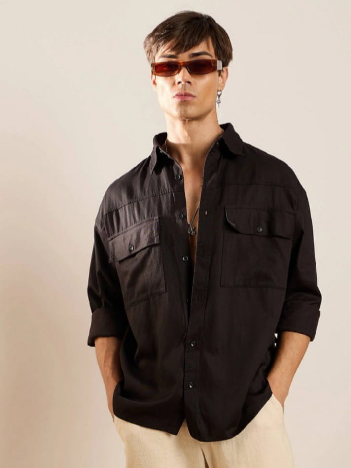 Uptown Funky Men Black Twill Utility Pocket Oversized Shirt